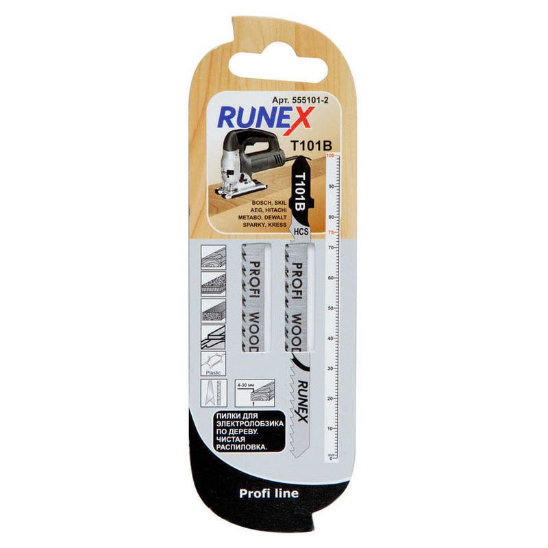 Пилки 100x75 мм 10 з/д (древес,ДСП,пластмасса h=4-30mm)чист распил.Т101В 2шт/уп "Runex" 555101-2 (5)