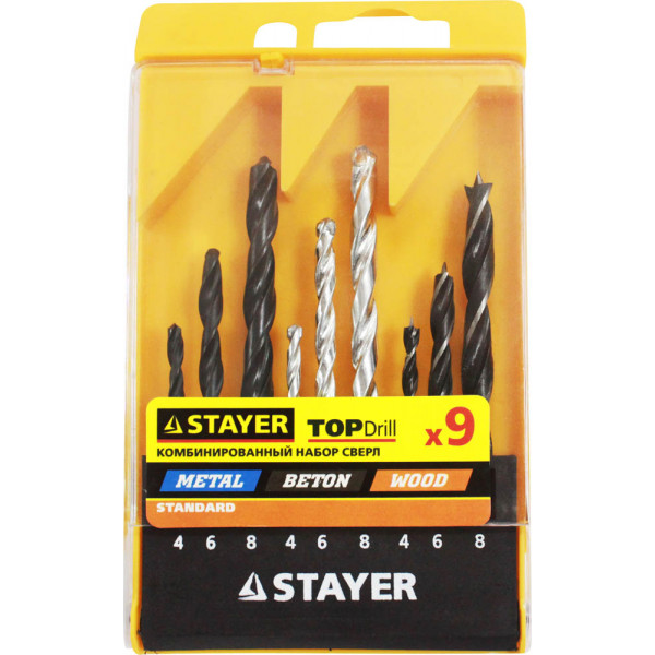 Набор STAYER"STANDART":Сверла комбин., дер(4-6-8мм),мет.(4-6-8мм),бетон(4-6-8мм) 9 предм. 29720-H9