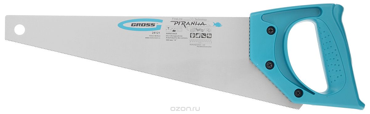 Ножовка для работы с ламинатом PIRANHA,360мм, 15-16 TPI, зуб-2D, кален зуб, пласт рук-ка GROSS 24121